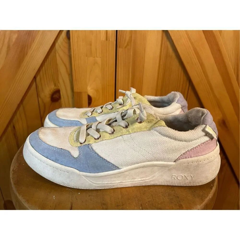 Roxy Womens Charlie Sneakers Sz 8 White Blue Pastel Fabric Lace Up Casual Shoes